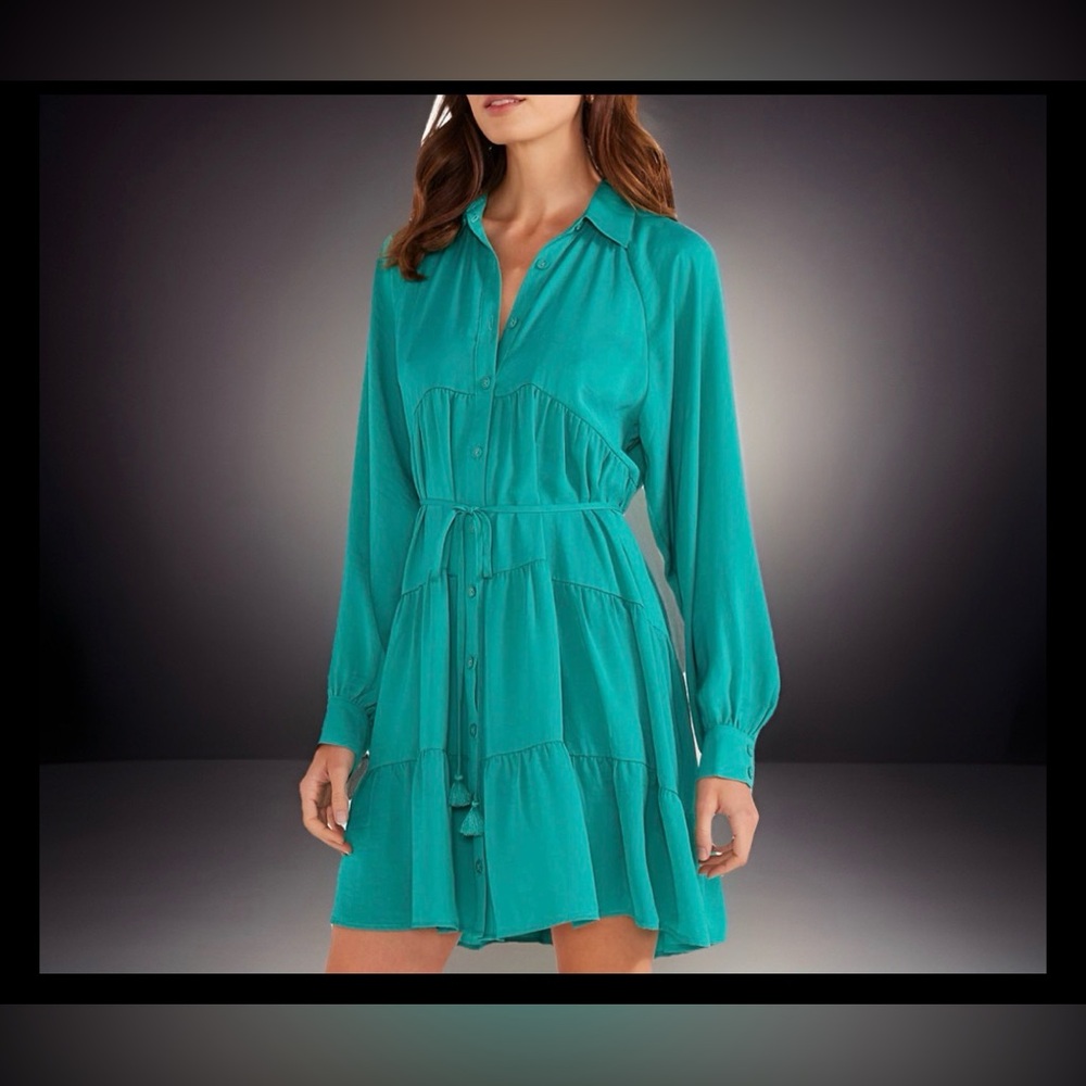 NWT MINKPINK Women's Emma Tiered Shirt Dress Spearm/Teal - L